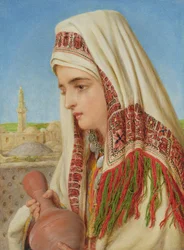 Arabská žena s šátkem nesoucí džbán s vodou